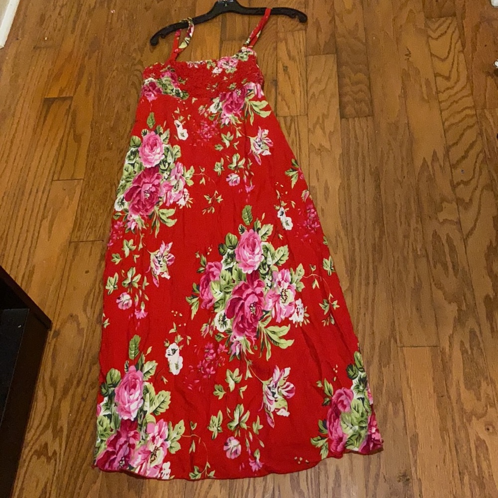 Island Planet Women’s Red Floral Summer Dress with Adjustable Straps S
